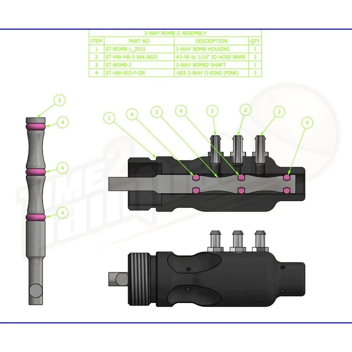 Shocktech Bomb II 3 - Way Shaft with O-Rings Installed - Time 2 Paintball